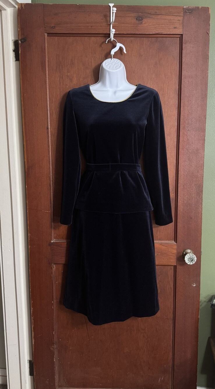 Vintage Butte Navy Velvet 2 Piece Skirt Set Gold Trim 80s 90s Gothic Academia